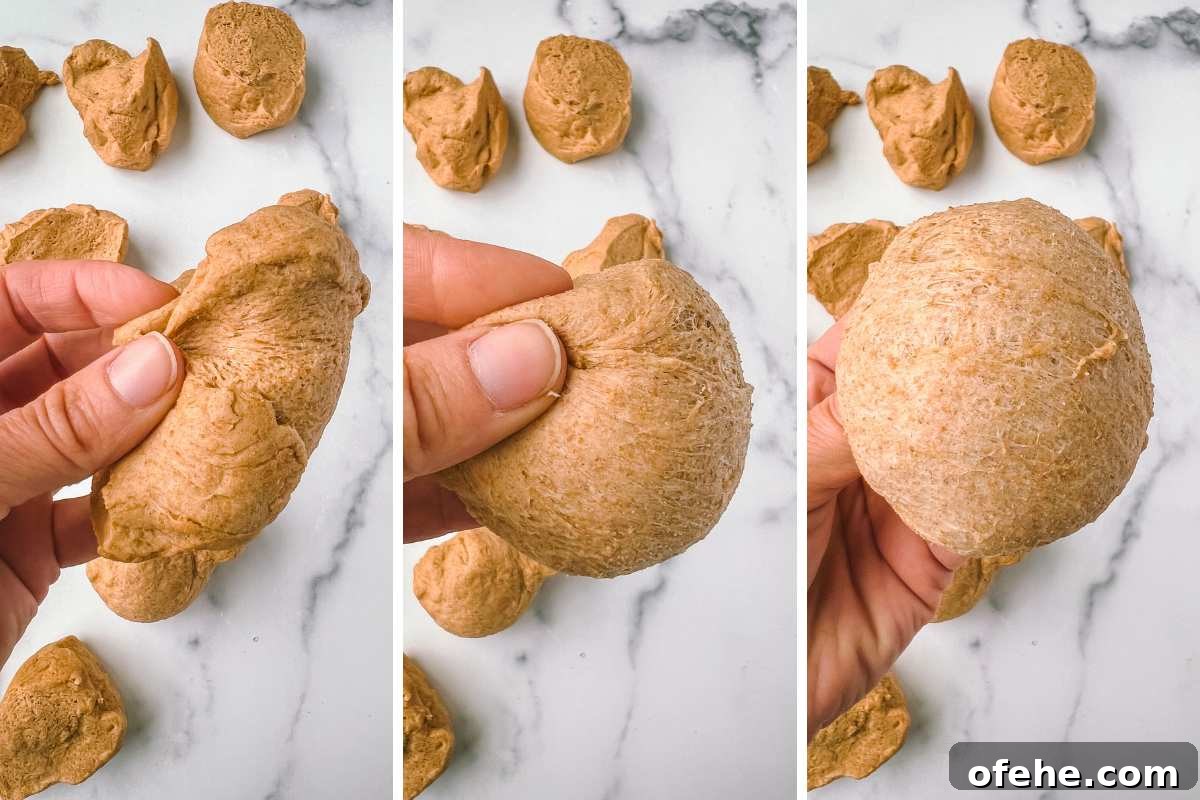 Whole Wheat Dinner Rolls Made in a Bread Machine 6 dough piece being shaped into ball.