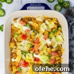 Walking Taco Casserole in baking dish.