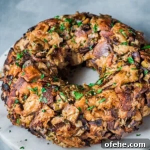 wild mushroom stuffing on a marble serving board.