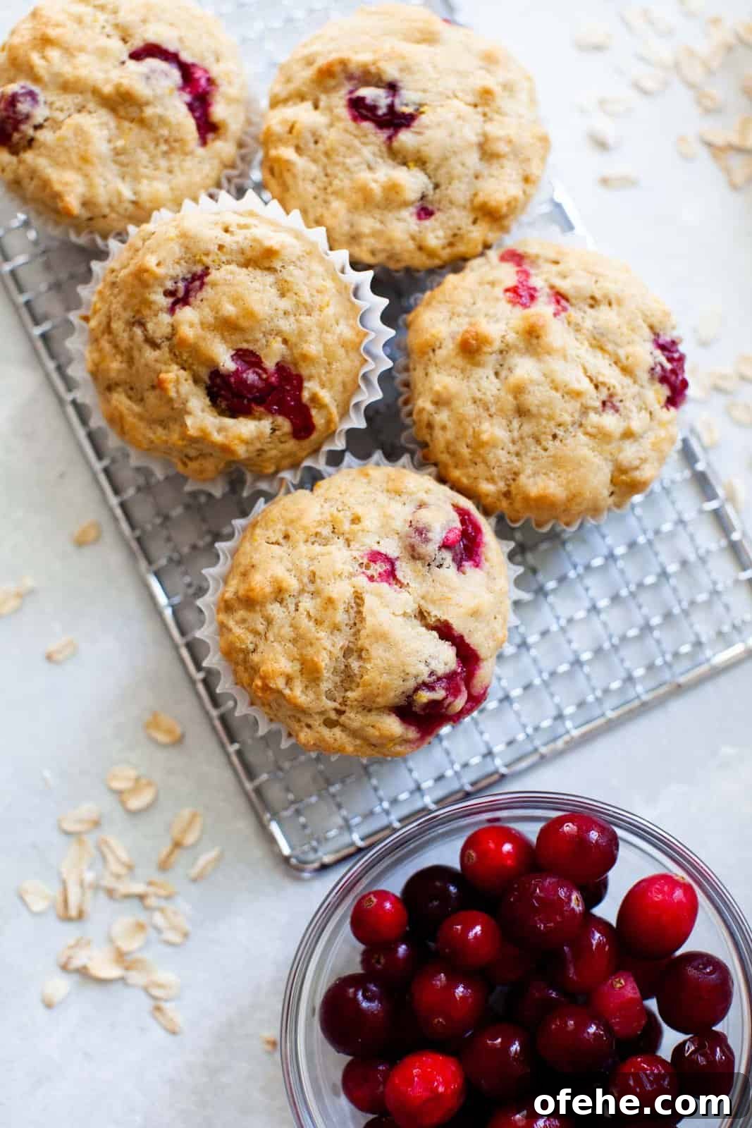 cranberry muffins on a cooling rack next to a bowl of cranberries