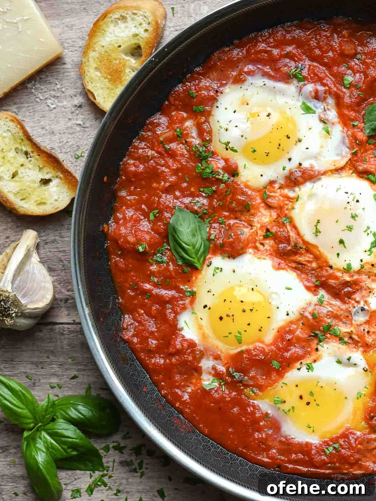 Poached Eggs in Spicy Tomato Sauce (Eggs in Purgatory) 2 Overview of a skillet of poached eggs in tomato sauce.