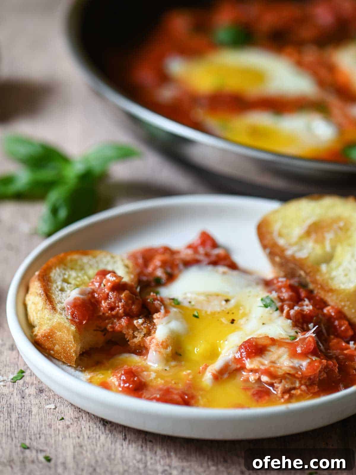 Poached Eggs in Spicy Tomato Sauce (Eggs in Purgatory) 10 Savory eggs in tomato sauce with garlic bread on a white plate, fresh basil garnish.