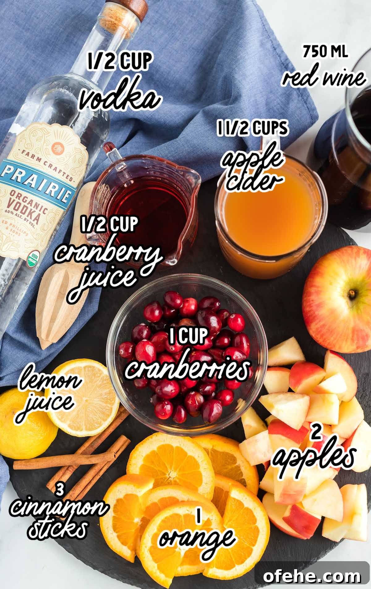 Labeled ingredients for fall sangria including vodka, red wine, apple cider, cranberries, and sliced fruit