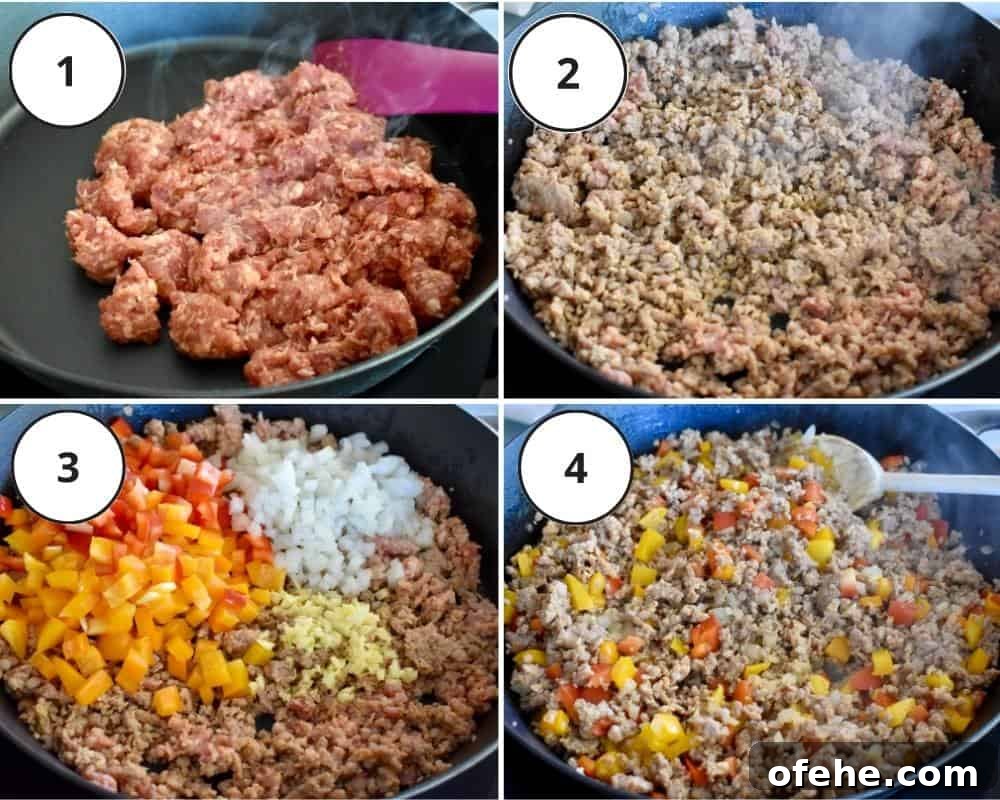 One-Pan Stuffed Pepper Skillet with Ground Beef and Rice 4 process shots 1 to 4 detailing how to make recipe including browning meat and adding spices and peppers.