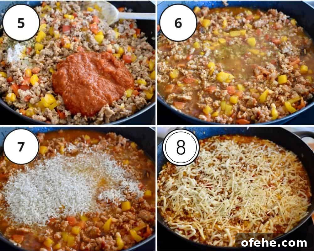 One-Pan Stuffed Pepper Skillet with Ground Beef and Rice 5 process shots showing how to make this recipe including adding the rice and topping with cheese.