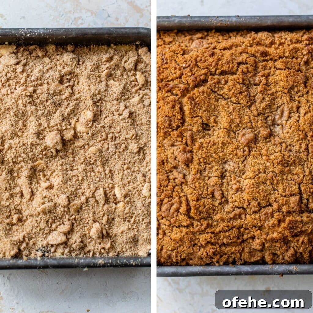 2 images: unbaked coffee cake in a square baking pan on the left and baked coffee cake on the right