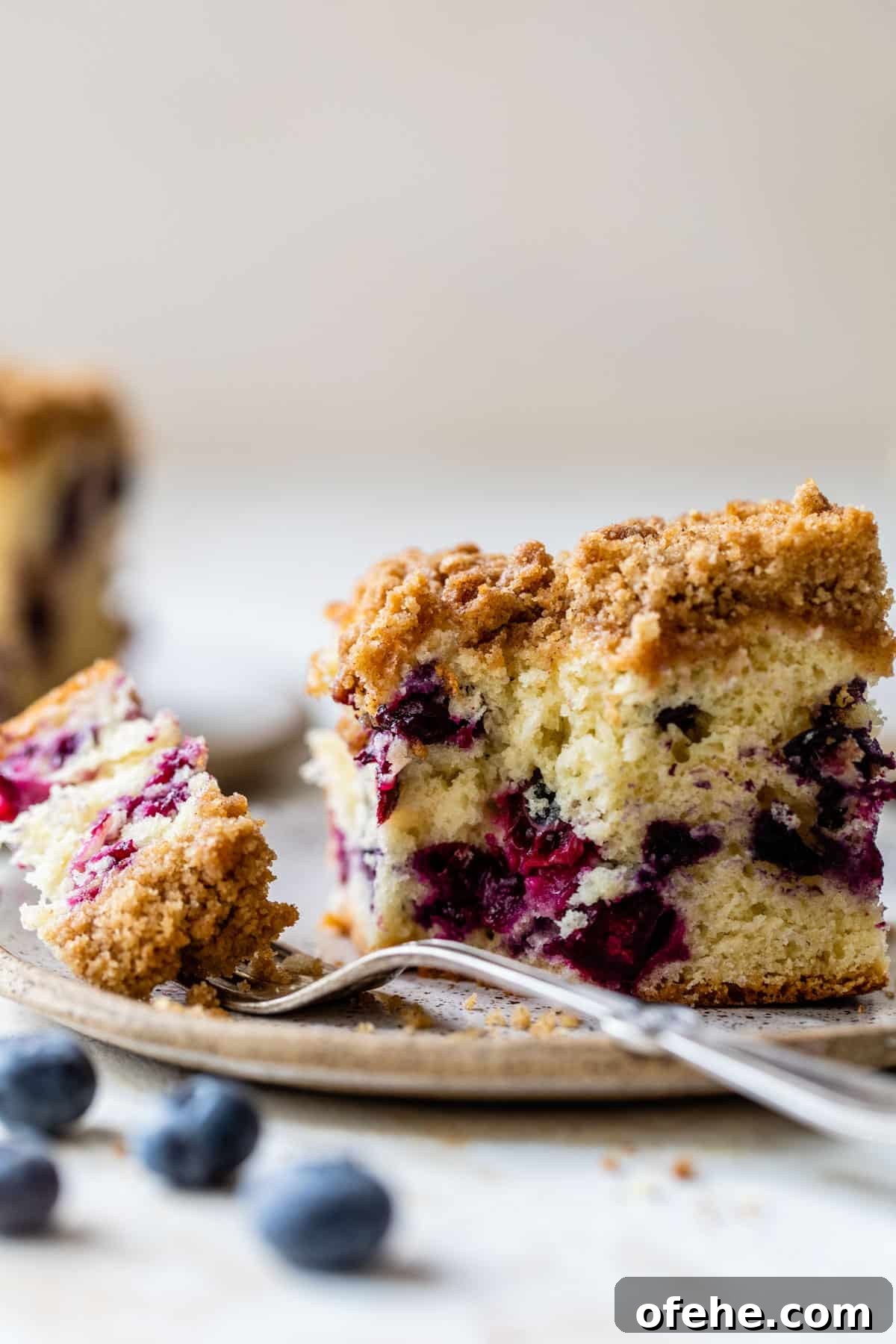a piece of coffee cake with blueberries with a bite taken out of it with a fork