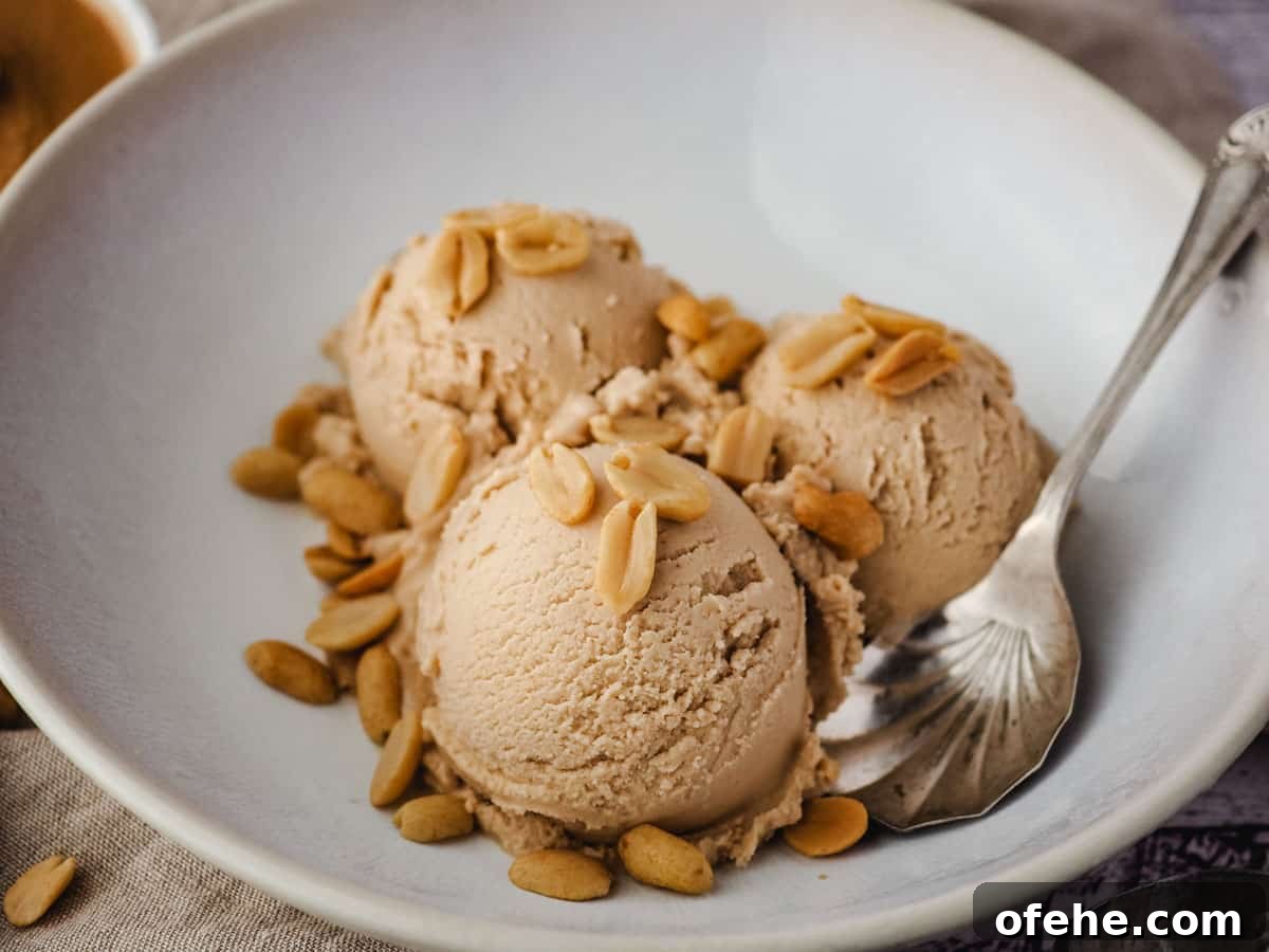 Creamy Peanut Butter Ice Cream Recipe for Homemade Treat 2 Peanut butter ice cream in a bowl with roasted peanuts and a spoon on the side.