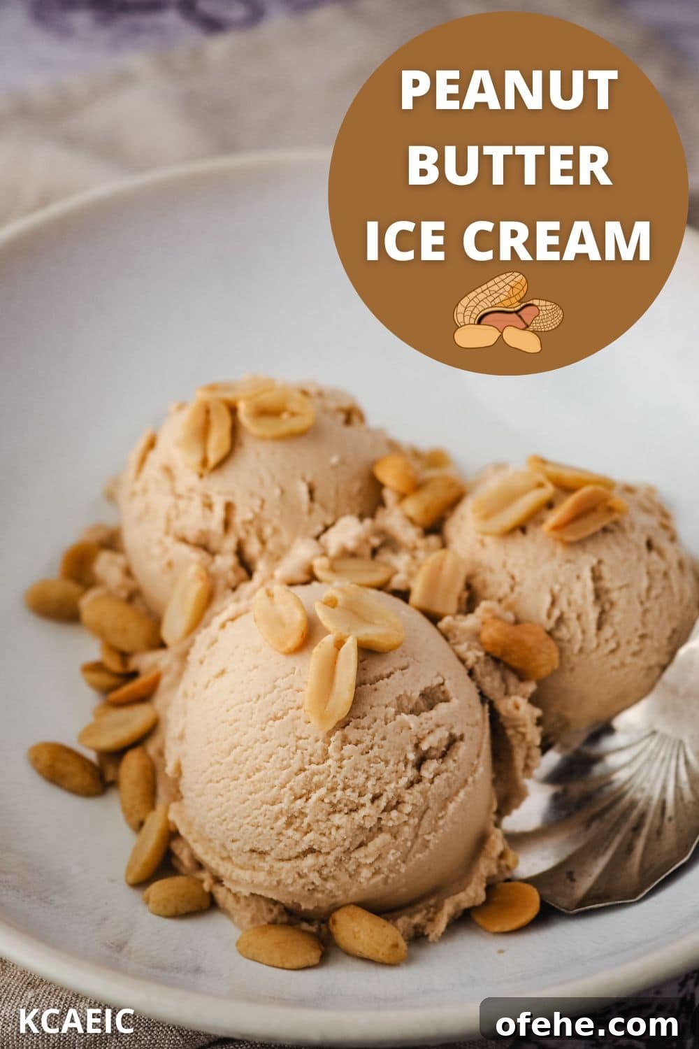 Creamy Peanut Butter Ice Cream Recipe for Homemade Treat 10 Peanut butter ice cream in a bowl with roasted peanuts, with text overlay.