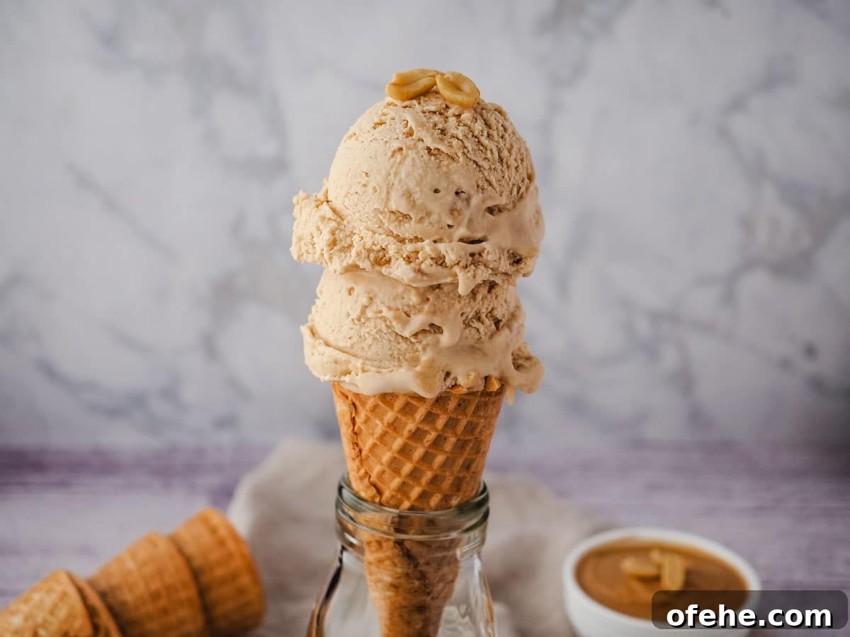 Creamy Peanut Butter Ice Cream Recipe for Homemade Treat 3 Two scoops of ice cream in a cone with roasted peanuts on top.