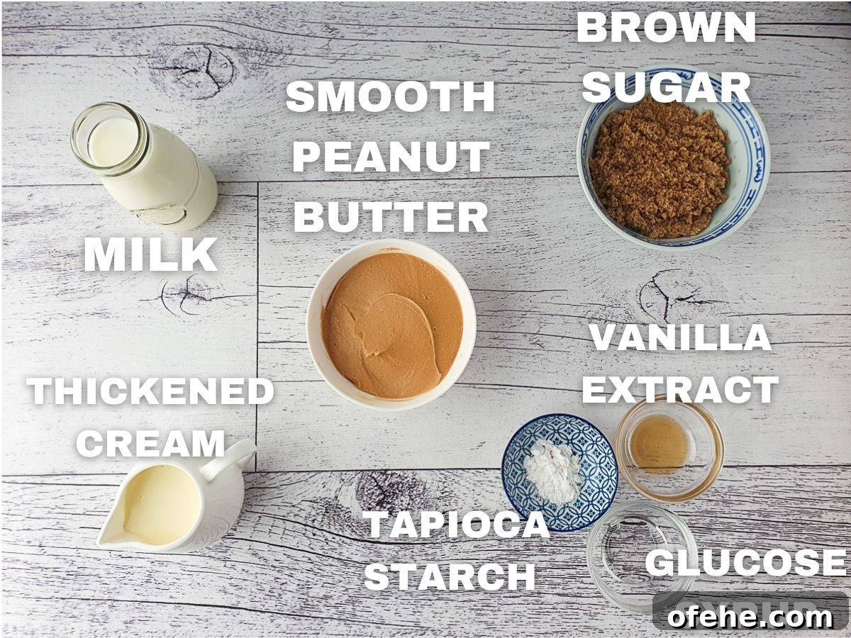Creamy Peanut Butter Ice Cream Recipe for Homemade Treat 5 Ingredients: milk, thickened cream, peanut butter, brown sugar, vanilla extract, tapioca starch, glucose syrup.