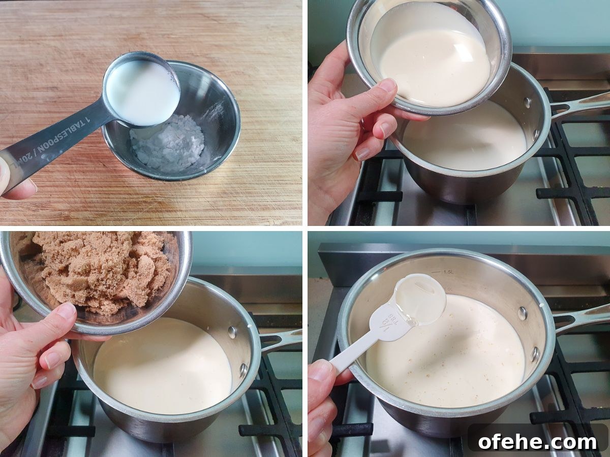 Creamy Peanut Butter Ice Cream Recipe for Homemade Treat 6 Process shots: adding milk to tapioca starch to make a slurry, adding milk, cream, brown sugar and glucose syrp to pot on stove.