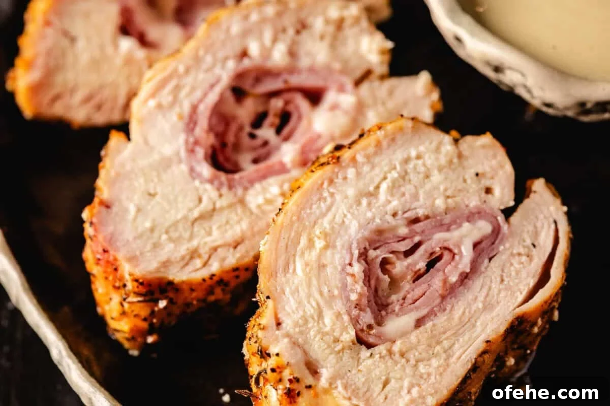 Crispy Grilled Chicken Cordon Bleu Recipe with Ham & Melty Cheese 7 Sliced cross section of grilled chicken cordon bleu next to a bowl of dipping sauce.