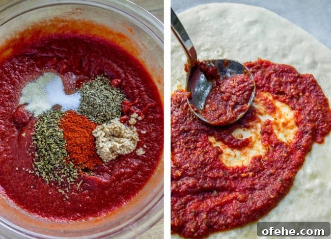 spices on top of tomato sauce in a bowl, spreading pizza sauce on pizza.