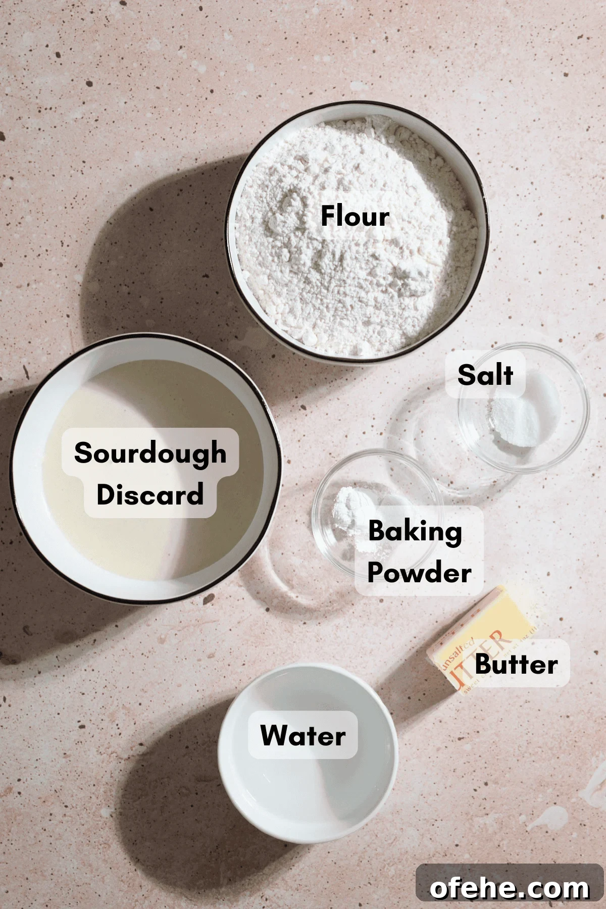 Ingredients for Sourdough Discard Tortillas in small bowls.