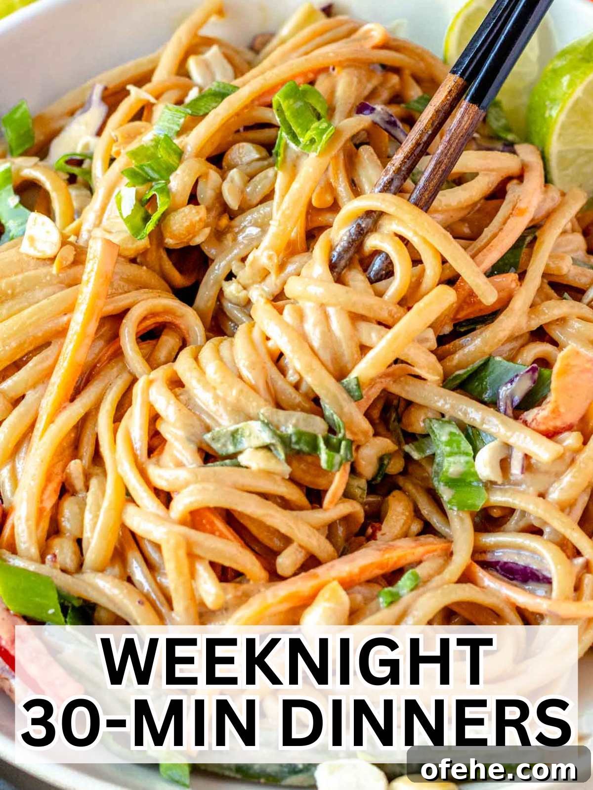 30-Minute Dinners We Cook on Busy Weeknights 2 45 degree angle of easy 30-minute dinners with peanut noodles.