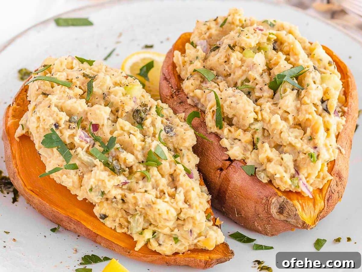 30-Minute Dinners We Cook on Busy Weeknights 11 Healthy mashed chickpea salad with Greek yogurt on sweet potatoes for a high-protein lunch.