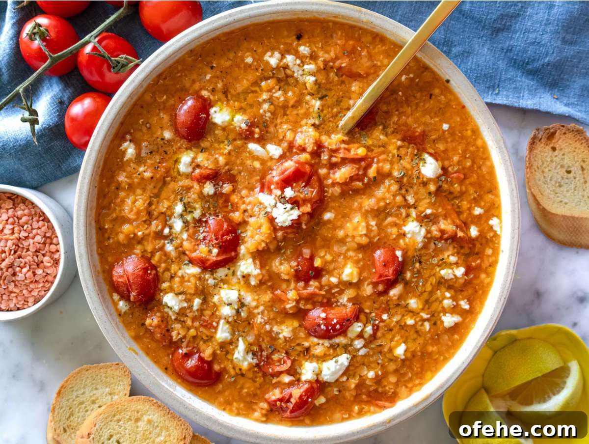 30-Minute Dinners We Cook on Busy Weeknights 6 Step 4 A bowl of lentil tomato soup topped with lemon zest feta and olive oil.