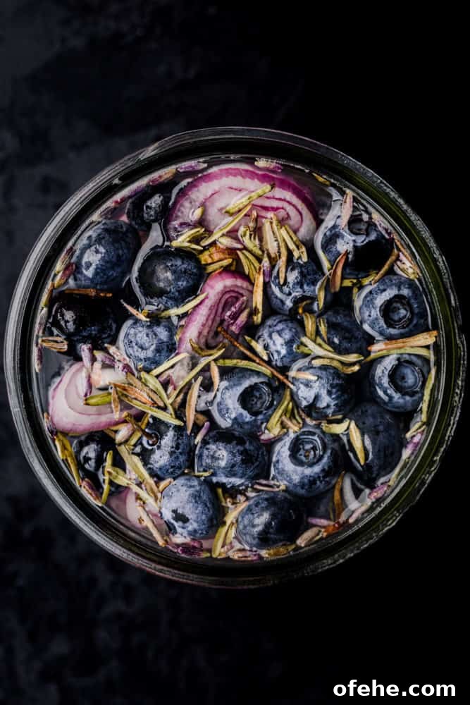 Quick Pickled Fruit: Perfect Brine Ratio for Every Batch 4 Pickled blueberries! Blueberries pickled with shallots, lavender, thyme and pickling brine; overhead shot.