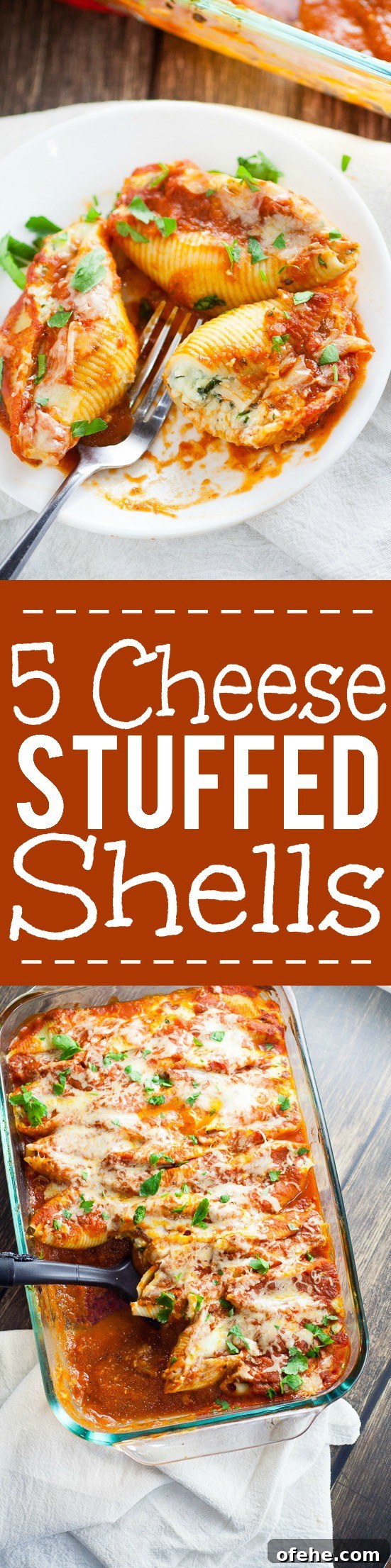 5 Cheese Stuffed Shells Recipe is an easy pasta recipe perfect for family dinner. Classic Italian flavors featuring five different cheeses, garlic, spinach, and red sauce this 5 Cheese Stuffed Shell Recipe is creamy, cheesy, and satisfying. Perfect for a meatless family dinner recipe!