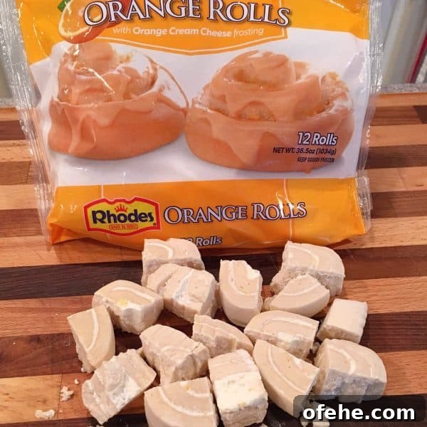 Cranberry Orange Pull-Apart Monkey Bread Recipe 3 a 36.5 ounce package of Rhodes Orange Rolls cut into fourths.