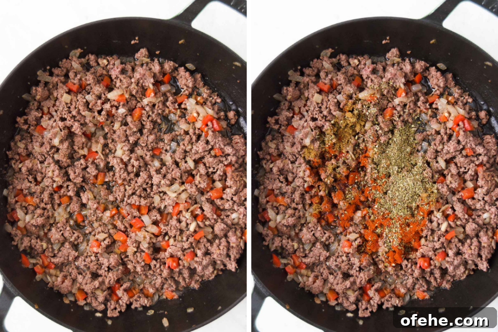 Authentic Brazilian Picadillo (Picadinho) Recipe for Dinner 6 Collage of two images side by side showing ground beef with onions and peppers in a braising pan to the right and the same ingredients with spices on the right