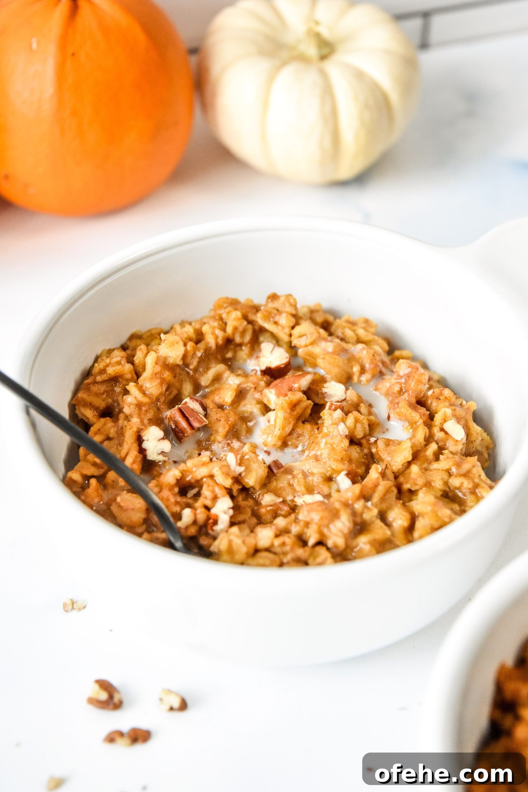 Instant Pot Pumpkin Spice Oatmeal Recipe for Fall Mornings 9 bowl of oatmeal with pecans on top.