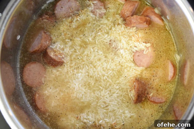 Instant Pot Kielbasa with Savory Rice Bowl 4 jasmine rice and kielbasa in the instant pot pressure cooker with chicken broth