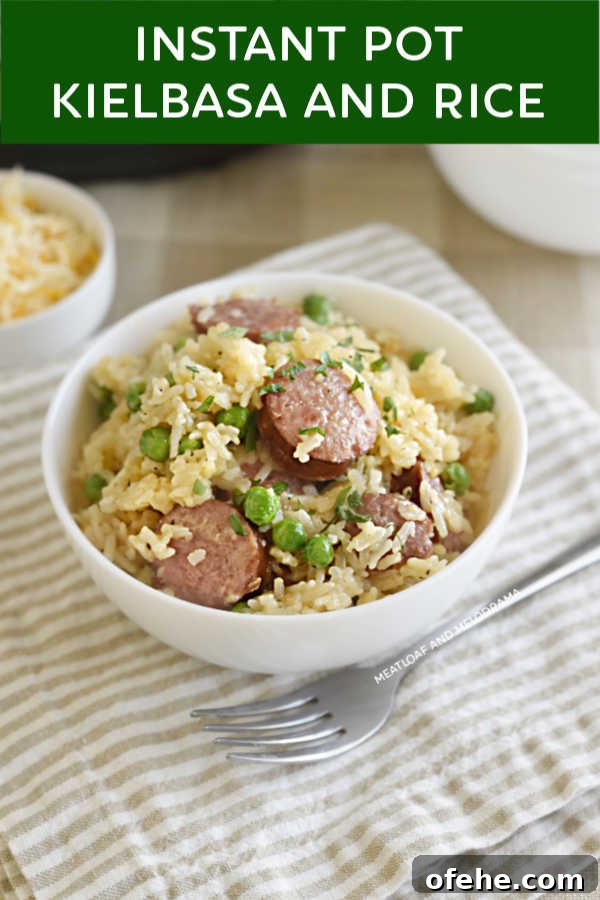 Instant Pot Kielbasa with Savory Rice Bowl 7 instant Pot kielbasa and rice with peas in a white bowl