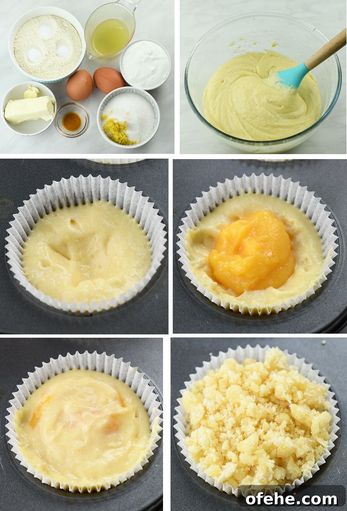 step by step process for making lemon curd muffins with filling and crumb topping