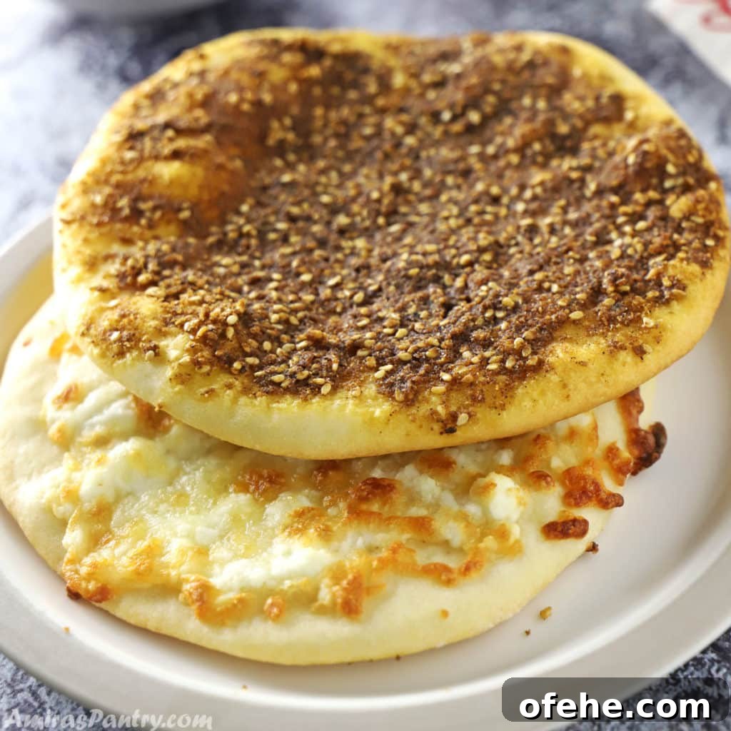 Authentic Manakeesh Zaatar Recipe: Traditional Lebanese Flatbread 2 Za'atar and cheese manakeesh stacked on a light brown plate