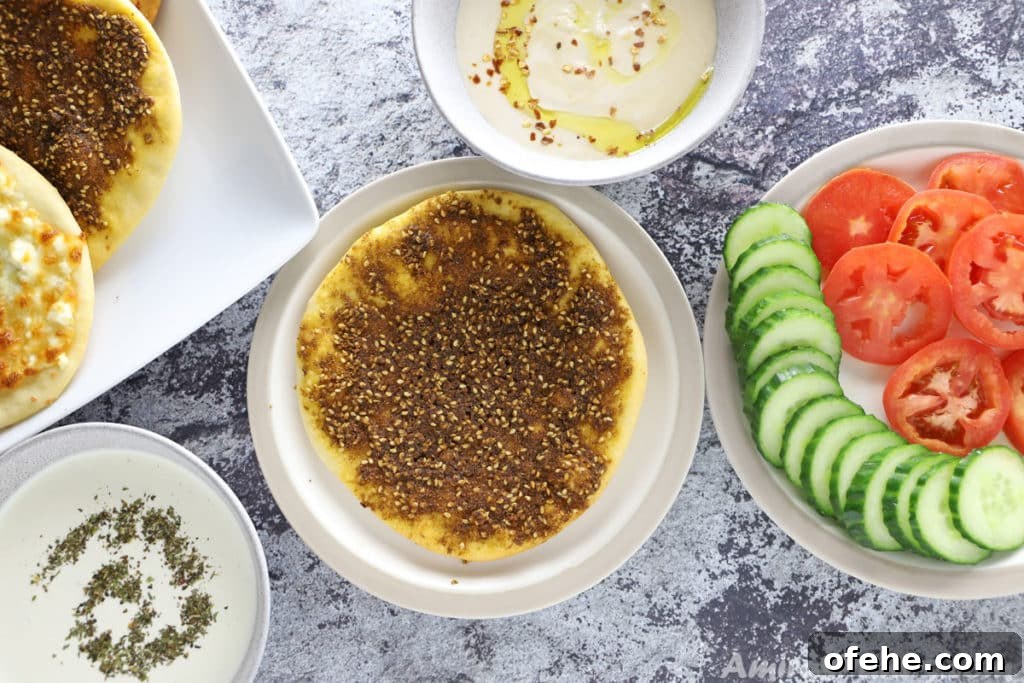 Authentic Manakeesh Zaatar Recipe: Traditional Lebanese Flatbread 7 Breakfast table with middle eastern pizza along with sauces and a plate of diced tomato and cucumber.