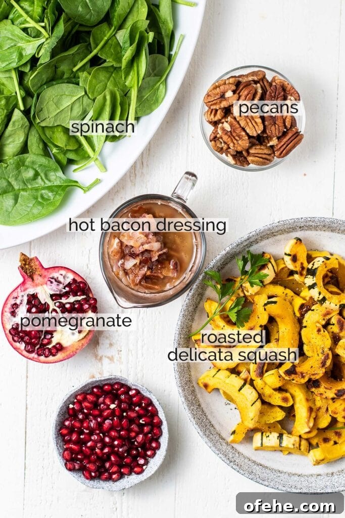 Festive Spinach Salad with Warm Bacon Vinaigrette 3 The ingredients needed to prepare this salad with labels.