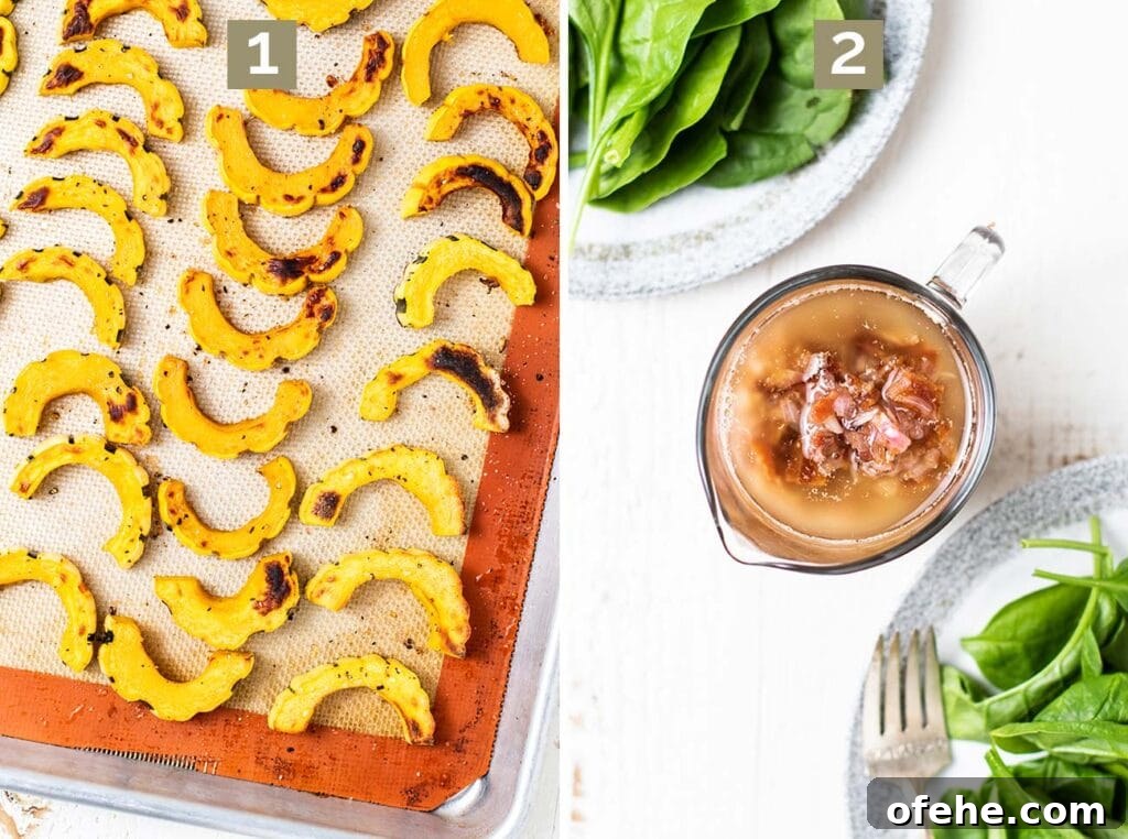 Festive Spinach Salad with Warm Bacon Vinaigrette 4 Step 1 is to roast delicata squash and step 2 is to prepare a hot bacon dressing.