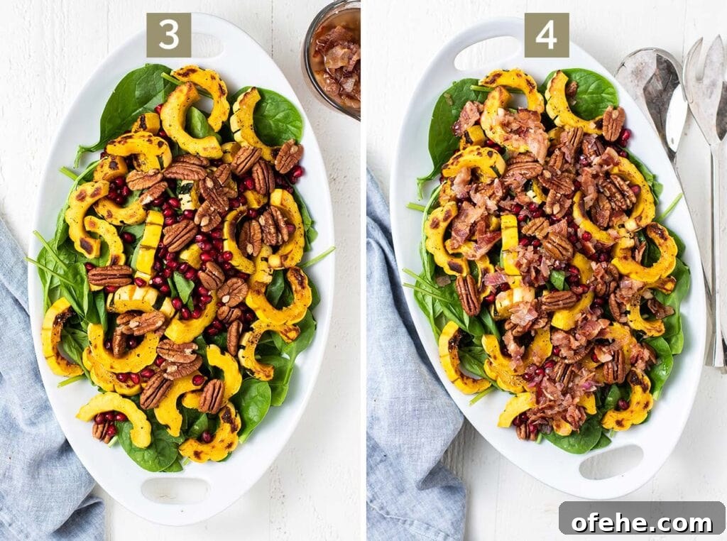 Festive Spinach Salad with Warm Bacon Vinaigrette 5 Step 3 is to assemble the salad and step 4 is to serve the salad tossed with the bacon dressing.