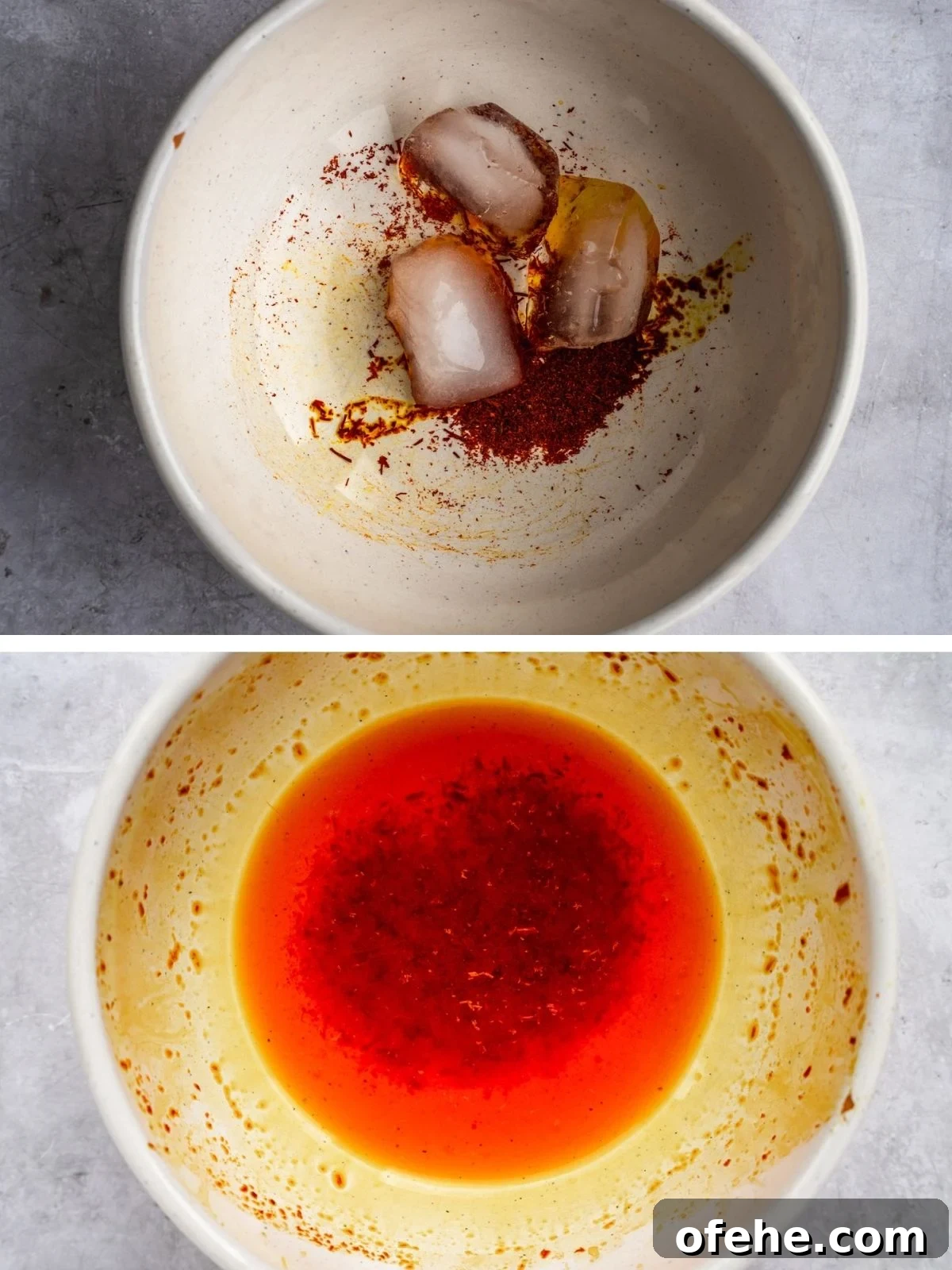 Persian Saffron Joojeh Kabob Recipe — Grilled Chicken Kabab 4 A collage image showing a small bowl with crushed saffron threads and 3 small ice cubes. The second image is taken after the ice has melted and the saffron infusion is ready.