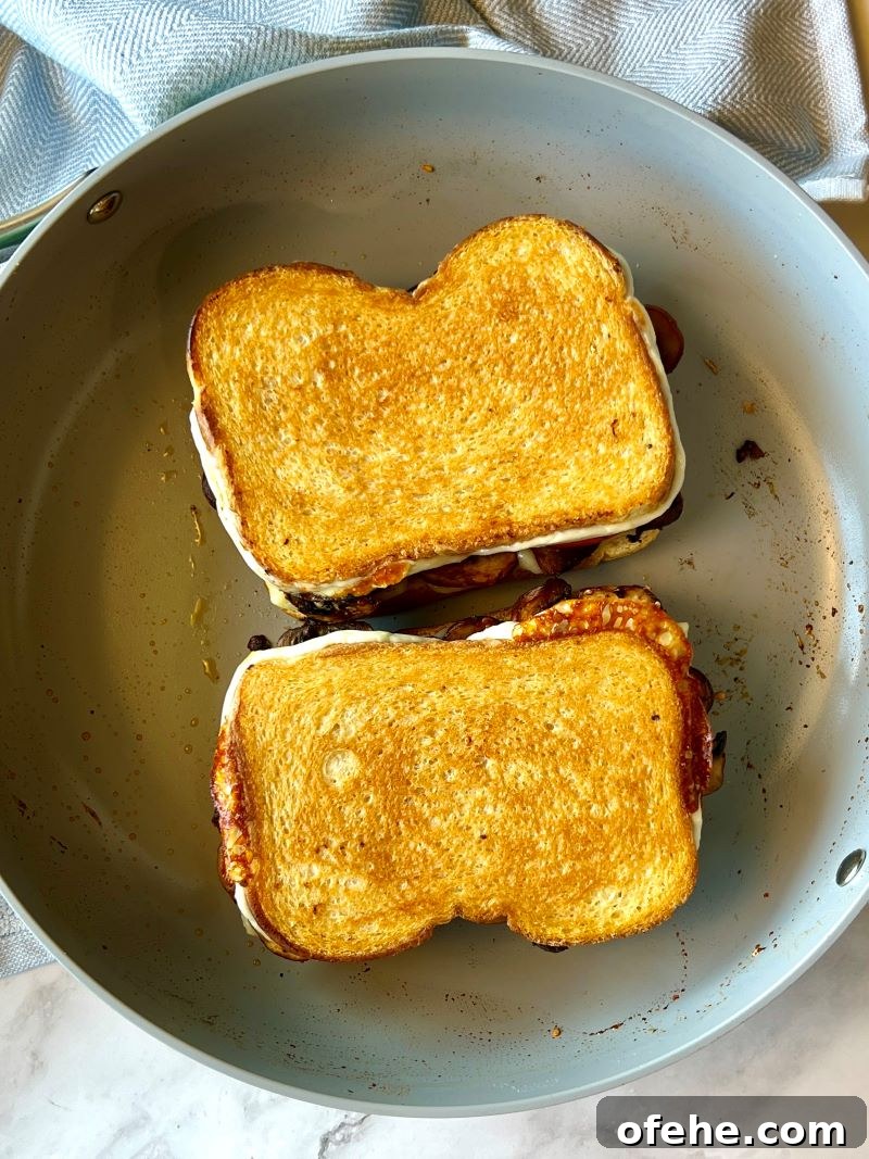 Savory Mushroom and Melted Cheese Grilled Sandwich 11 mushroom grilled cheese sandwich toasted in a skillet.