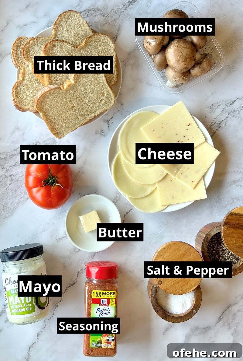 Savory Mushroom and Melted Cheese Grilled Sandwich 3 Ingredients for mushroom grilled cheese sandwich. Bread, mushrooms, cheese, tomato, seasonings, butter, mayo, salt and pepper.