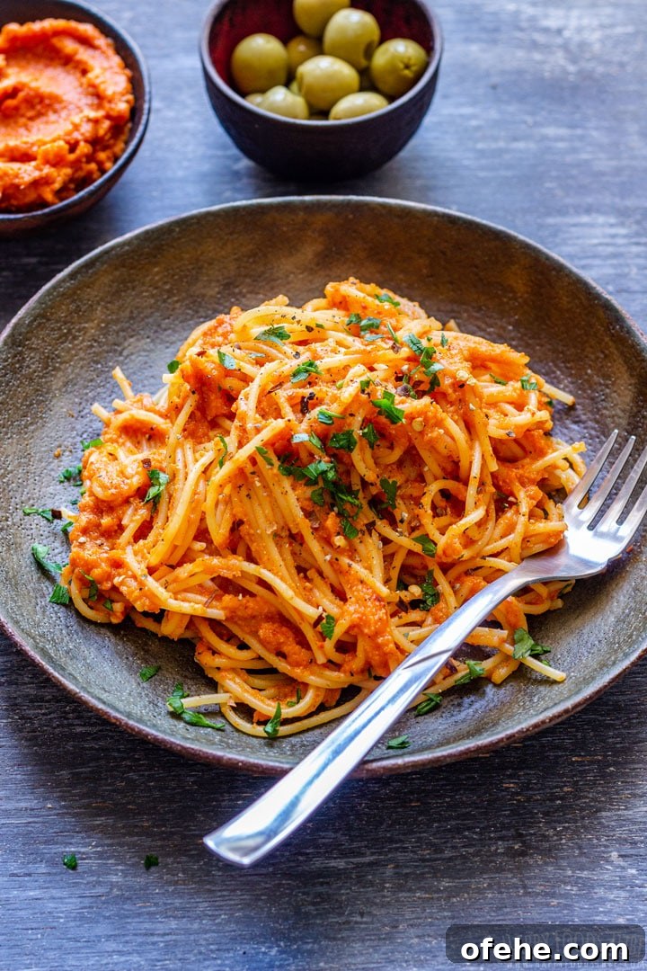 Pasta with Roasted Red Pepper Sauce on the Plate