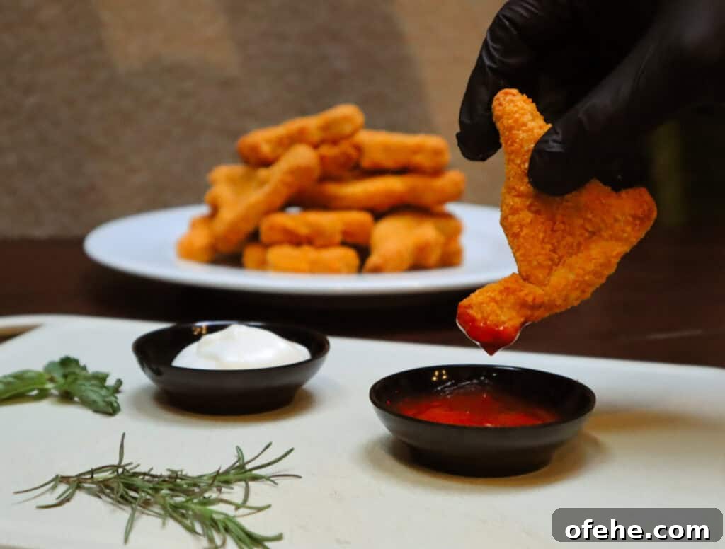 Crispy Dino Nuggets in the Air Fryer: Quick Family Snack 3 Dino nuggets dipping in hot sauce