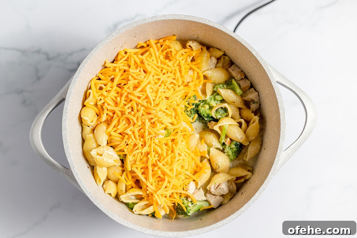 Shredded cheese added to chicken broccoli pasta in Dutch oven.