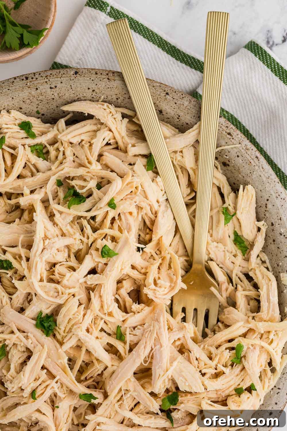 Slow Cooker Shredded Chicken Recipe for Tender, Juicy Meat 2 Close up image of Slow Cooker Shredded Chicken served and garnished with fork inside