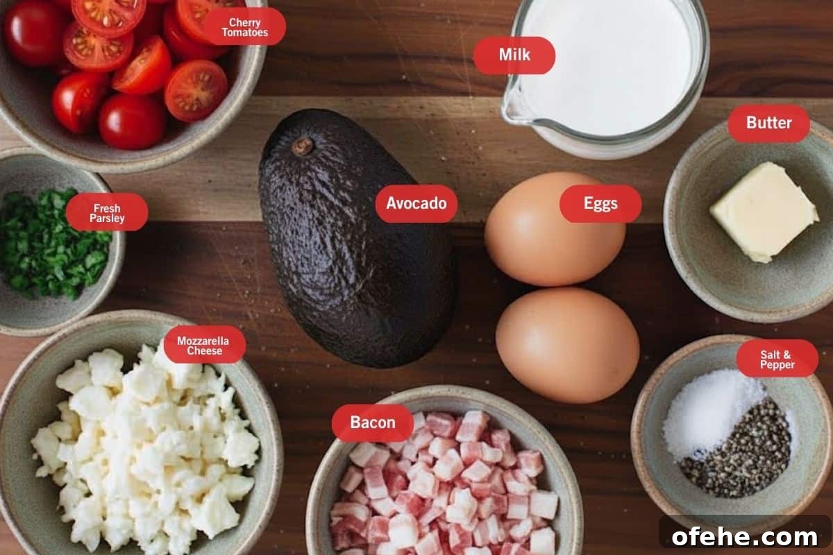Creamy Avocado Scrambled Eggs Recipe for Quick Breakfast 3 Flat lay photo of ingredient shot of cherry tomatoes, milk, butter, eggs, salt and pepper, bacon, mozzarella cheese, fresh parsley, avocado