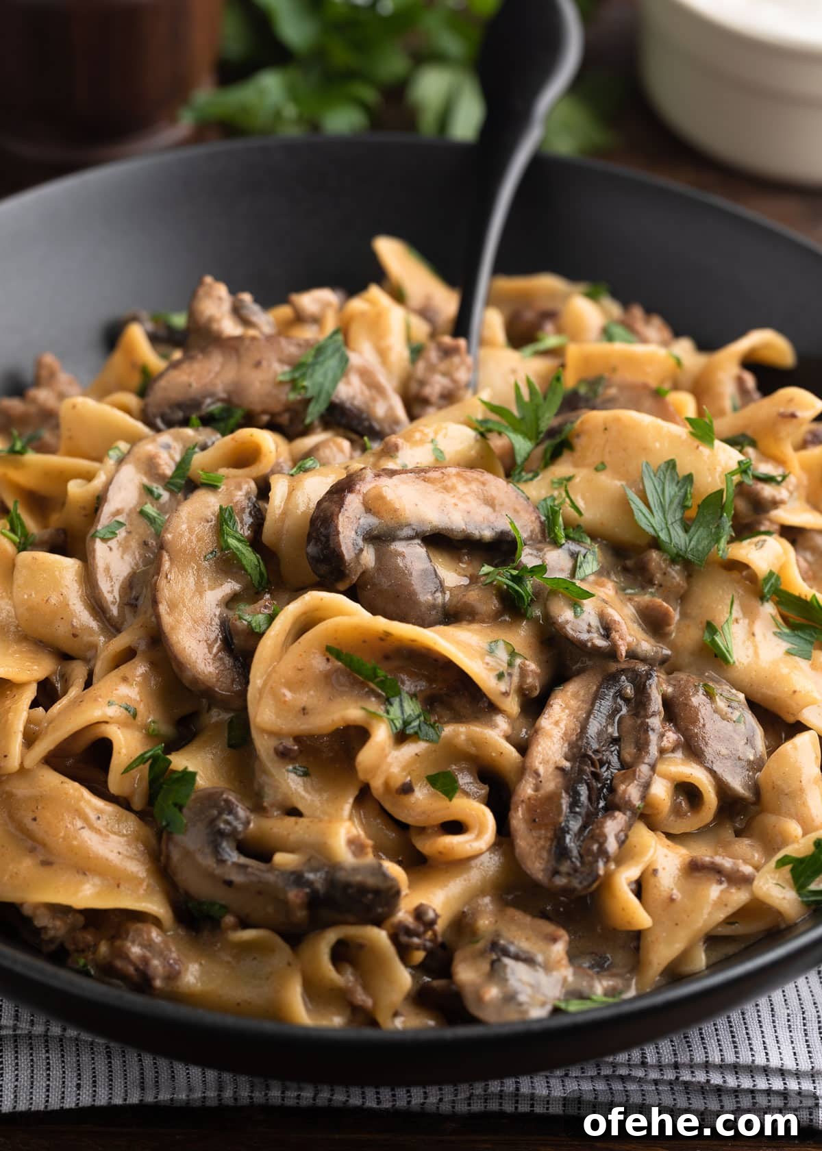 One-Pan Creamy Ground Beef Stroganoff Recipe 10 Close-up of a black bowl filled with creamy ground beef stroganoff, featuring wide egg noodles, sautéed mushrooms, and fresh parsley garnish.
