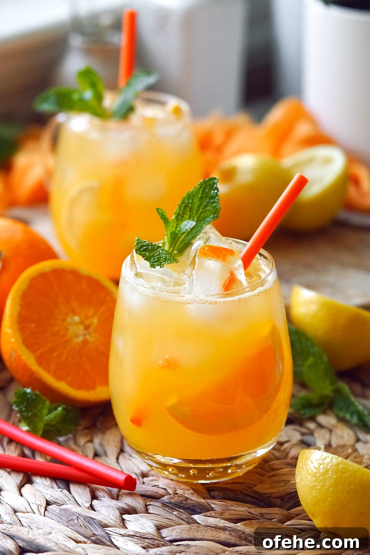 Fresh Orange Lemonade: 4-Ingredient Summer Orangeade Recipe 2 Fresh Orange Lemonade served over ice in a large glass with a slice of orange and garnished with mint.
