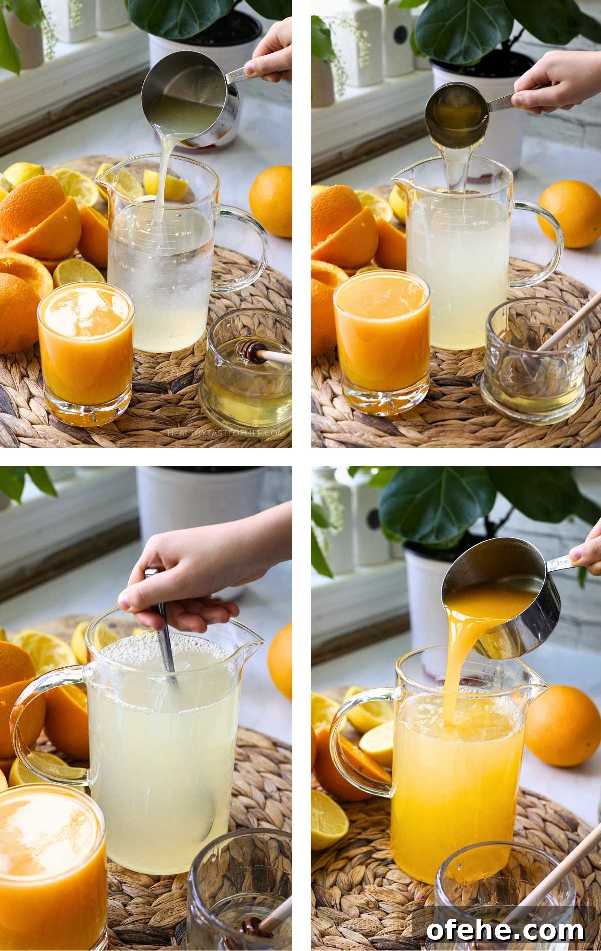 Fresh Orange Lemonade: 4-Ingredient Summer Orangeade Recipe 4 Process images (collage) showing how to make orange lemonade recipe aka orangeade step by step: First step: mixing Lemon Juice, Orange Juice With Honey and step 2 Adding the Water and mix.