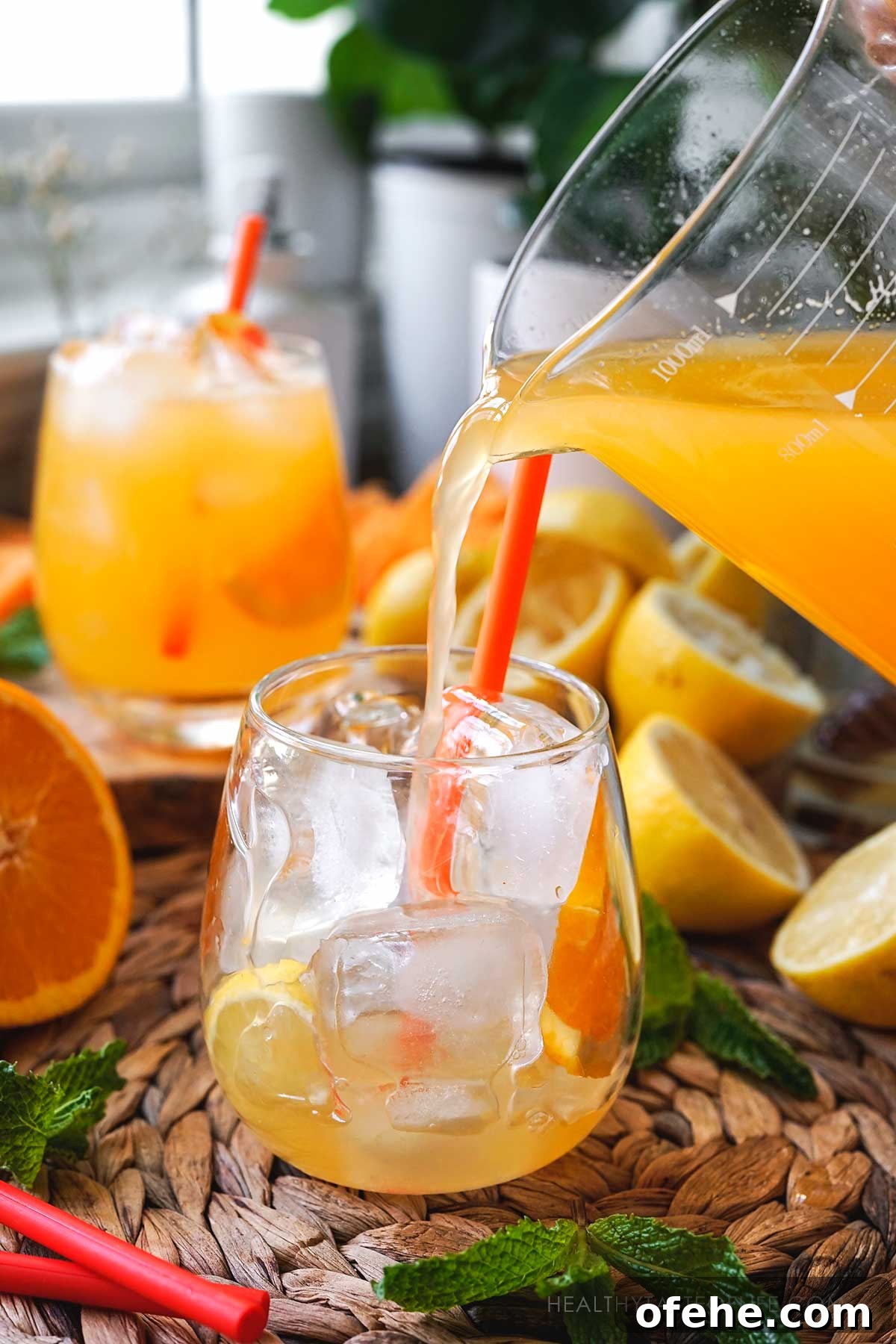 Fresh Orange Lemonade: 4-Ingredient Summer Orangeade Recipe 5 Picture showing pouring the orange lemonade in the glass.