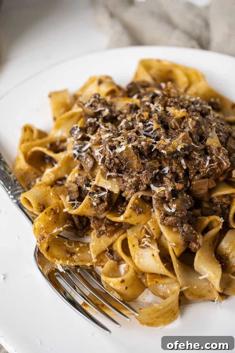20-Minute Lamb Ragu with Pappardelle: Rustic Weeknight Pasta Recipe 2 Lamb ragu over pappardelle on a small plate.