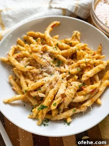Pesto trapanese with busiate pasta in a bowl.