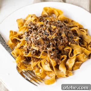 20-Minute Lamb Ragu with Pappardelle: Rustic Weeknight Pasta Recipe 17 Lamb ragu over pappardelle on a small plate.